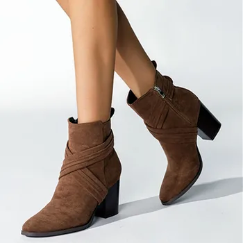 Модные женские ботинки с квадратным носком из осенне-зимней коллекции 2023 года, замшевые сапоги без застежки на толстом каблуке Zapatos De Mujer