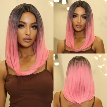 Короткие прямые розовые синтетические парики, омбре до корней, длиной до плеч, средняя часть волос для чернокожих женщин, косплей-вечеринка, Термостойкие