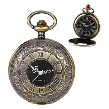 Антикварные Классические Полые Черные римские цифры с дисплеем, мужские кварцевые карманные часы, винтажное ожерелье в стиле стимпанк, кулон, часы в подарок