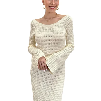 Женское элегантное вязаное длинное платье с круглым вырезом и длинным рукавом, платье с открытой спиной, модные однотонные облегающие платья-свитера