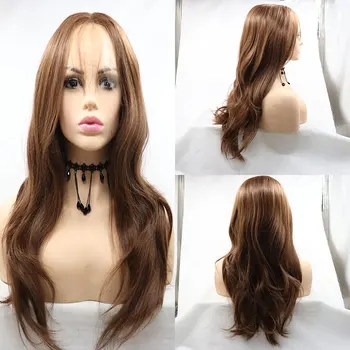 Синтетический парик на кружеве средней длины, светло-коричневый, с естественным волнистым Термостойким волокном, волосы с пробором посередине для женщин, Парики