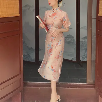 Китайское национальное Винтажное платье Чонсам с коротким рукавом и цветочным рисунком, Розовое Сексуальное Ципао средней длины на подкладке от S до 2XL DD837