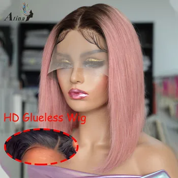 HD Бесклеевые парики из человеческих волос с закрытием 4x4 Омбре 613 Блонд Розовый Кружевной Фронтальный Парик Прямой Боб Прозрачный