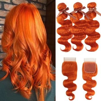 Черные Жемчужно-Оранжевые Пучки С Закрытием Malaysian Body Wave Remy Человеческих Волос Плетение Оранжевых Пучков С Закрытием