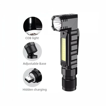 Фары Портативный светодиодный + COB фонарик с магнитом, перезаряжаемый через USB для рыбалки, кемпинга, рабочего света, мощный фонарик