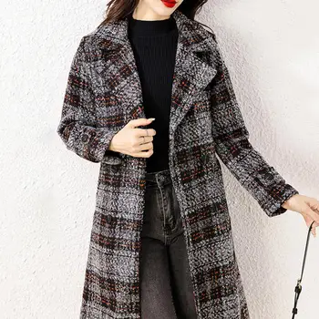 Клетчатая двубортная ветровка средней длины, шерстяное пальто, корейский твидовый пиджак, пальто с поясом, Приталенное шерстяное пальто, верхняя одежда