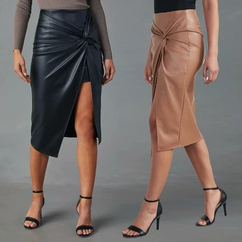 2023 Осенняя женская юбка из искусственной кожи, модная офисная женская юбка с завышенной талией, тонкие женские юбки миди длины, женские