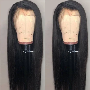 Синтетический Шиньон с прямыми передними кружевными париками для парфюмерных женщин, длинный прямой парик из искусственных волос, Средне-коричневый Парик из швейцарского кружева с бахромой для волос