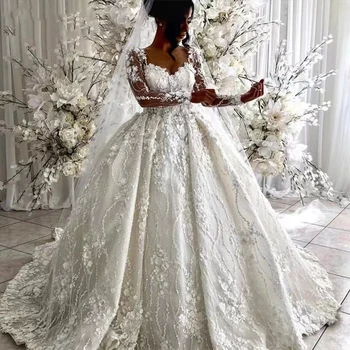 Винтажные свадебные платья с V-образным вырезом и кружевами 2023 года, Роскошная Арабская 3D Цветочная иллюзия С длинными рукавами, Королевские свадебные платья Vestidos De Novia
