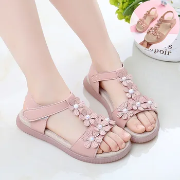 Летние сандалии для девочек 2022 г. Новые туфли принцессы с цветочным рисунком Розово-белая Детская пляжная обувь Модная повседневная школьная обувь с мягкой подошвой