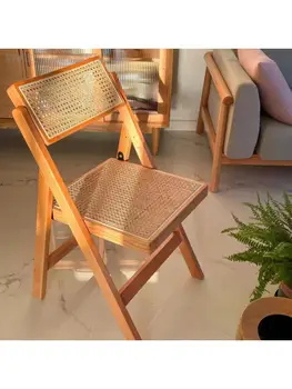 Складной стул из ротанга из массива дерева Nordic Retro Ins Домашний стул со спинкой Семейный ресторан с балконом Простой стул для отдыха