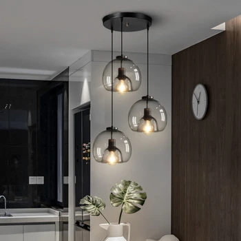 Стеклянная светодиодная потолочная люстра E27, черная подвесная лампа для гостиной, обеденного стола, кухни, спальни, Современный серый подвесной светильник в стиле арт