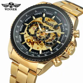 Мужские часы-скелетоны T-WINNER, лучший бренд, роскошные Золотые Наручные часы из нержавеющей стали, Водонепроницаемые Прозрачные Механические Спортивные мужские наручные часы