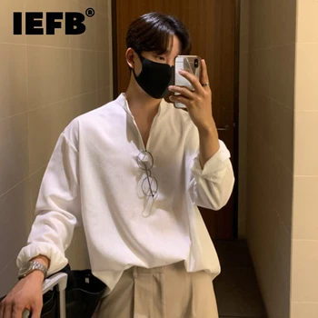 Корейская хлопчатобумажная льняная рубашка IEFB, мужской пуловер с длинным рукавом и наполовину высоким воротом, однотонный топ, Свободная модная Мужская одежда 9C2212