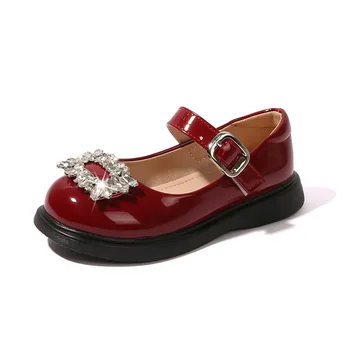 Весна-осень 2023, Детская обувь Для девочек, Красные Элегантные туфли Для девочек, Вечерние Свадебные Модные Детские туфли Со стразами на Каблуках для Девочек, Новинка