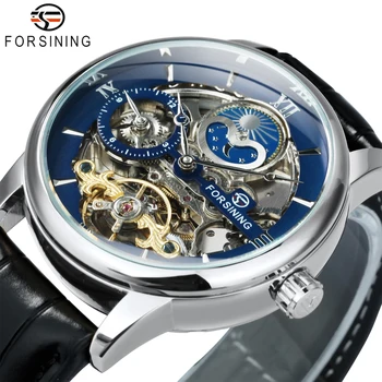 Классические мужские механические часы Forsining, лучший бренд класса Люкс, автоматические часы Dual Time Tourbillon Skeleton, Фаза Луны, Кожаный ремень