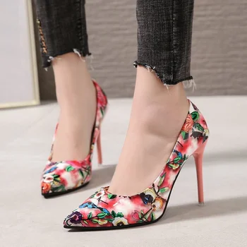 Женские вечерние туфли на высоком каблуке с острым носком и цветочным принтом, пикантные лакированные туфли-лодочки на шпильке, Размеры 35-43