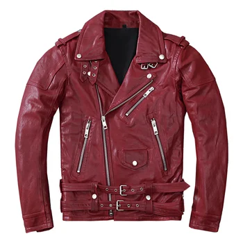 Мужская красная мотоциклетная куртка из овчины в корейском стиле, приталенная байкерская одежда из натуральной кожи, пальто на косой молнии, мужская