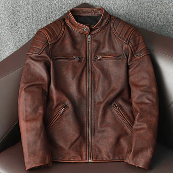 Amekaji Cowhide Vintage Old Real, Короткая тонкая куртка-стойка с воротником, зимняя мужская куртка из натуральной кожи для мужчин, мотоциклетное пальто