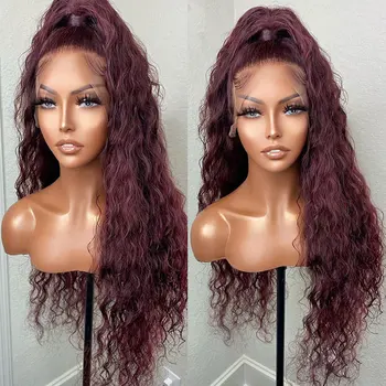 Темно-винно-красный Бордовый синтетический парик с кружевом спереди, упругие вьющиеся волосы из высококачественного термостойкого волокна, предварительно выщипанные детские волосы для женщин