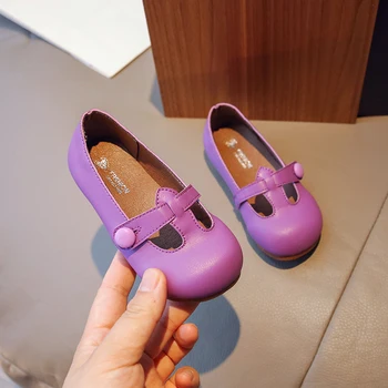 Обувь на плоской подошве с Т-образным ремешком для девочек, однотонная детская обувь принцессы в европейском и американском стиле, простая мягкая модная детская кожаная обувь