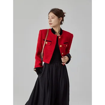 женский весенне-осенний красный модный топ 2023, темпераментный, высококлассный, маленький, ароматный жакет, короткая куртка из грубого твида