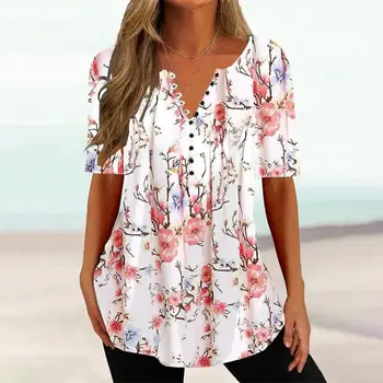Женская летняя футболка с цветочным принтом, V-образный вырез, короткие рукава, женский топ, Винтажный свободный топ средней длины, женская одежда
