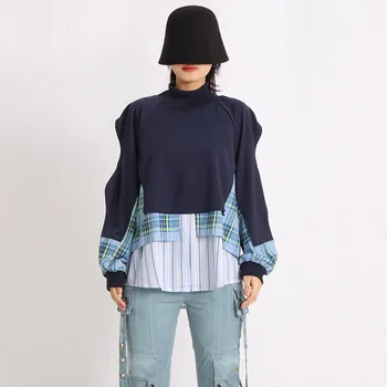 Превосходный японский и корейский нишевый дизайн, сплайсинговый подол, женский пуловер с полуприлегающим воротом, толстовка, осенние топы с рукавами-фонариками,
