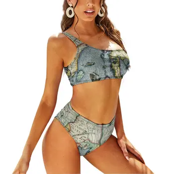 Сексуальный комплект бикини с изображением азиатской карты, стильный купальник-бикини с винтажным принтом, купальники на одно плечо, графические купальники