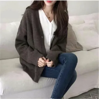 Свободный свитер в корейском стиле, кардиган, повседневная вязаная куртка с V-образным вырезом, модный однобортный свитер, пальто Casaco Feminino 28947