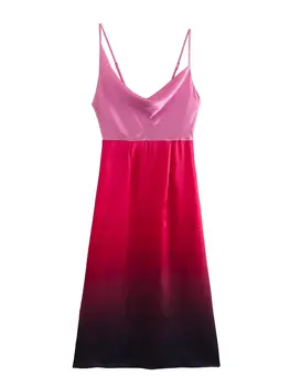 Женское розовое платье Миди с градиентным рисунком красного цвета, летние атласные платья на бретелях