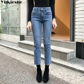 Уличная джинсовая мода Стиль поездок на работу Джинсы с высокой талией и карманами Женские стрейчевые женские джинсовые прямые брюки, которые стираются ежедневно