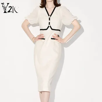 Y2K одежда французская новинка для офисной работы OL lady bodycon тонкие миди-платья с коротким рукавом и V-образным вырезом для женщин traf elegant party vestido