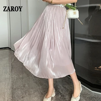 ZAROY, однотонная атласная плиссированная юбка, женская элегантная глянцевая шелковая длинная юбка трапециевидной формы во французском стиле, повседневная уличная одежда Faldas Mujer 스커트 юбка