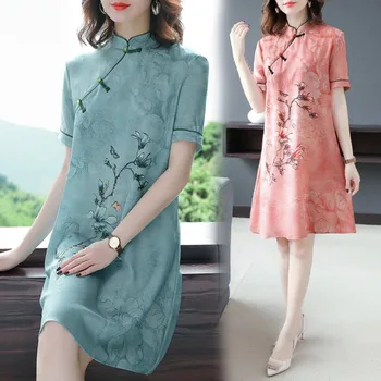 Модная Китайская национальная одежда, женское летнее короткое платье Ципао с принтом в стиле ретро, элегантное женское летнее повседневное платье трапециевидной формы