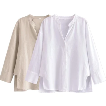 Maxdutti Новая французская мода, женская блузка со стоячим воротником, рубашка из хлопка и льна в стиле ретро, женская повседневная рубашка в стиле Кантри, топ