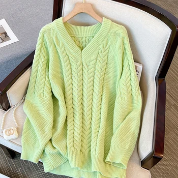Осенне-зимний Свободный Универсальный женский свитер, однотонный, простой, офисный, женский, повседневный, Литературный, Модные пуловеры с V-образным вырезом