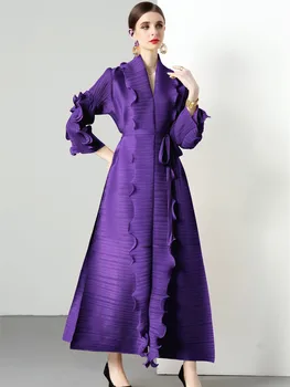 Модные плиссированные однотонные платья миди Miyake Для женщин, осенний воротник с лацканами, дизайнерское длинное платье с оборками, свободное вечернее платье на шнуровке