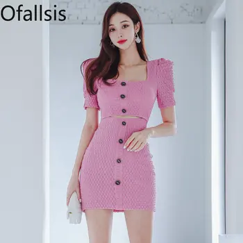 Ofallsis Розово-красное платье с квадратным вырезом во французском стиле, женские летние высококачественные ароматные сексуальные платья с коротким рукавом в обтяжку на бедрах