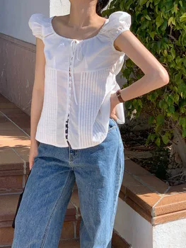 2023 Новый летний топ, белая блузка с пышными рукавами, женская рубашка с короткими рукавами