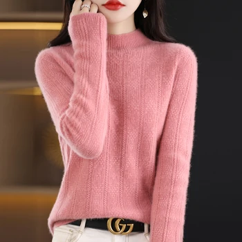 Осенне-зимний новый женский однотонный свитер с полуприлегающим воротом из 100% шерсти мериноса, свободный модный свитер с длинными рукавами
