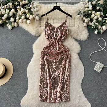Вечернее платье Gagaok, Женское сексуальное облегающее платье без рукавов с V-образным вырезом и пайетками, облегающее платье с темпераментом и длинным ремешком, Vestidos