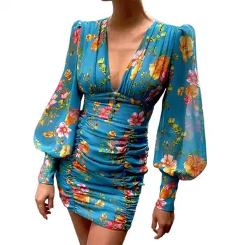 Женское Элегантное Шифоновое платье Макси с расклешенными рукавами и цветочным принтом, Летнее женское платье с принтом на шее, тонкое Пляжное праздничное платье Vestido