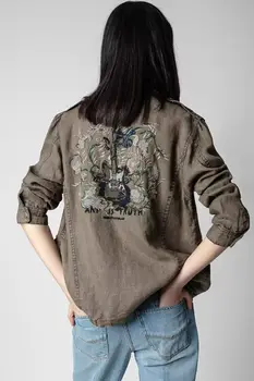 Новейшая стильная женская льняная военная куртка с цветочной вышивкой на спине и передними карманами в винтажном диком стиле Крутое пальто