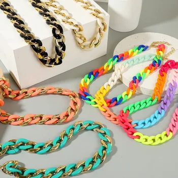 Многоцветное акриловое ожерелье в стиле панк, кубинская цепочка, хип-хоп, толстое ожерелье для женщин, цепочки-чокеры в стиле бохо, модные украшения для вечеринок