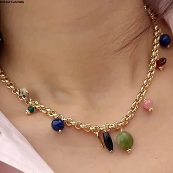 Ожерелье-цепочка с несколькими драгоценными камнями, позолоченный агат, Цветная подвеска ручной работы