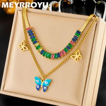 Ожерелье из разноцветного камня MEYRROYU из нержавеющей стали 316L, ожерелье с бабочками и голубыми глазами для женщин, подчеркивающее индивидуальность уличной части