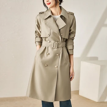 Осенне-зимние пальто для женщин, элегантный двубортный однотонный длинный тренч, женская ветровка с отложным воротником и длинным рукавом