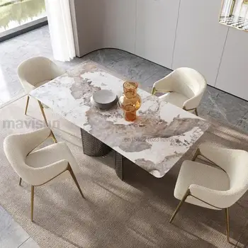 Модная кухонная мебель из массива дерева толщиной 12 мм, Две полукруглые столовые рамы из нержавеющей стали, Прямоугольный обеденный стол
