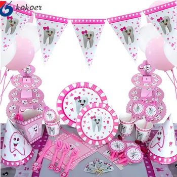 Girl My First Tooth розовые Принадлежности для декора вечеринок, Одноразовая посуда, Бумажные тарелки, Чашки, баннер, Детский душ, Воздушный шар для зубов на День рождения